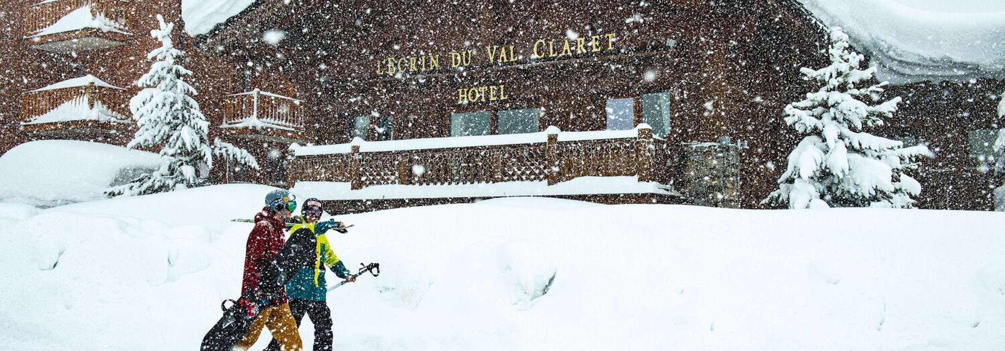 Snow falling outside Mark Warner’s Chalet Hotel L’Ecrin du Val Claret in Tignes