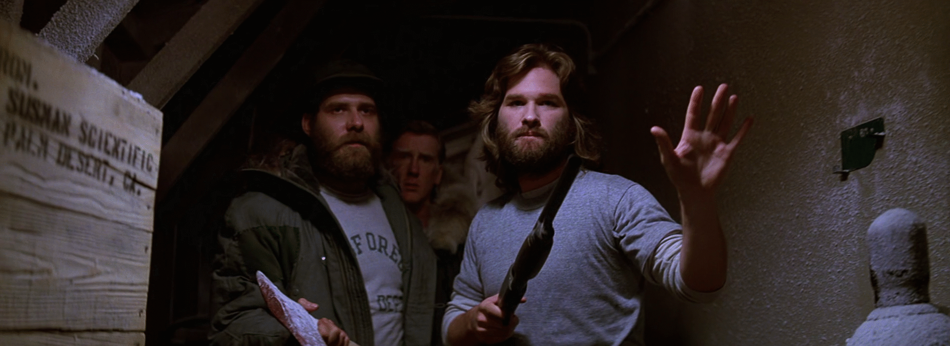 MacReady and Clark approach the kennels   The Thing 1982