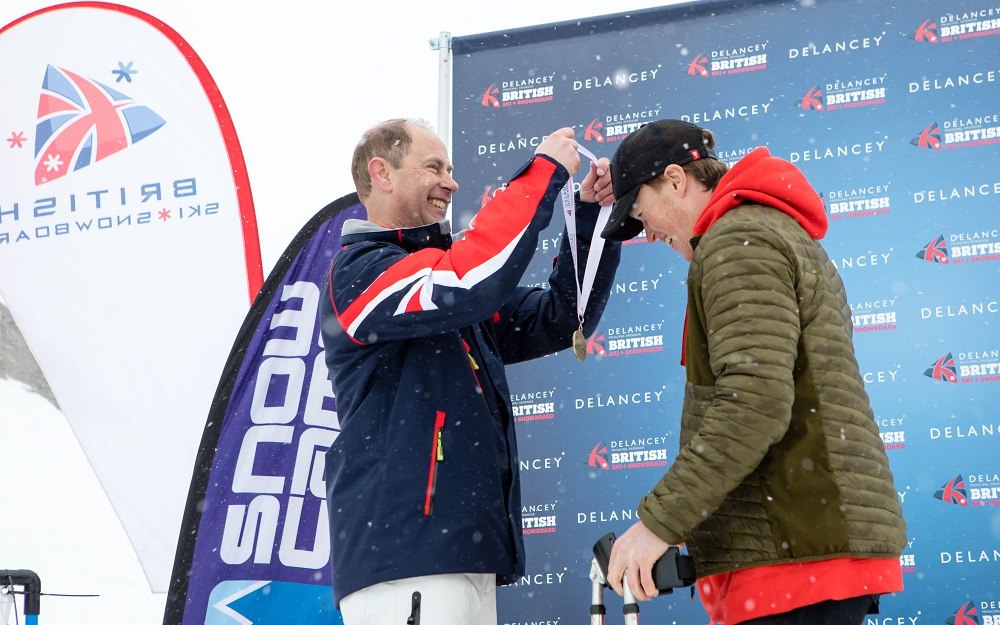 HRH Earl of Wessex Prince Edward Delancey British Alpine Ski Champs 2017 giving out medal to GB Parasnowsport athlete Josh Landmann