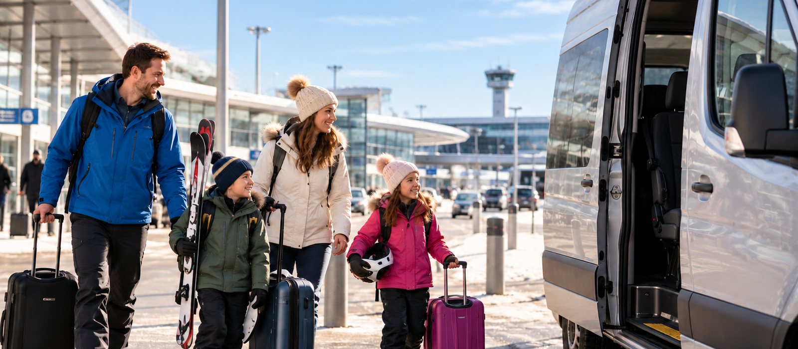 Family with skis and suitcases walking to a pre-booked ski transfer minibus at the airport