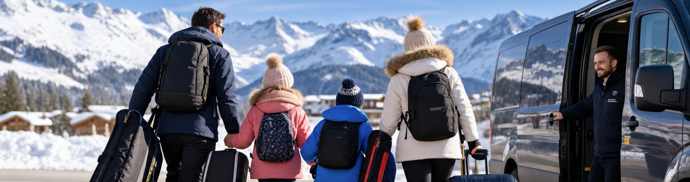 Family with ski bags walking to a pre-booked ski transfer minibus in an Alpine resort, with the driver holding the door open