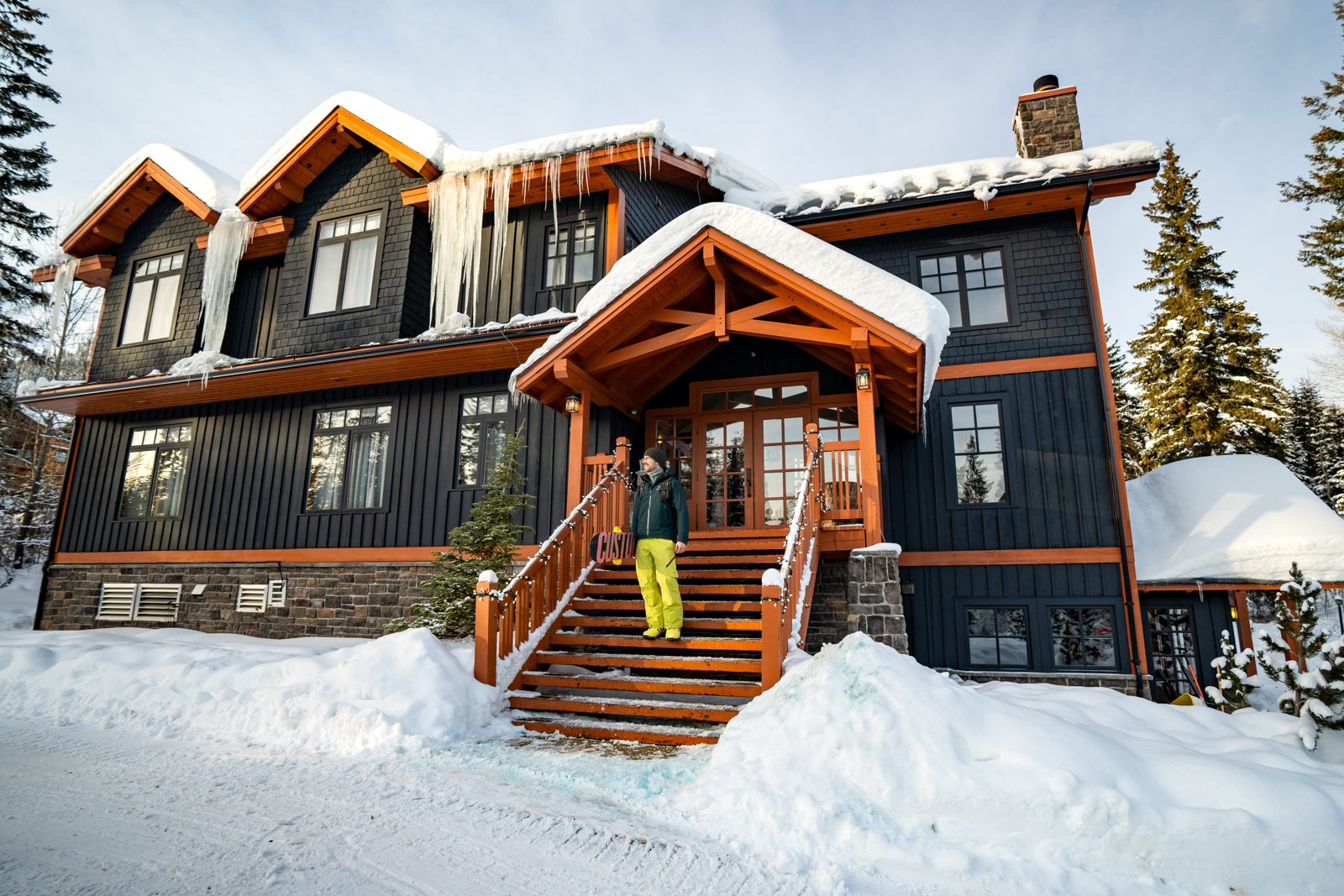 Timber-framed lodge buried in snow near Golden, British Columbia