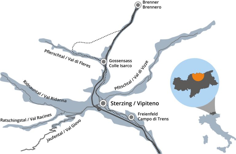 Map of the Sterzing-Ratschings-Gossensass holiday region showing Sterzing, Gossensass, Brenner, Freienfeld and the surrounding valleys