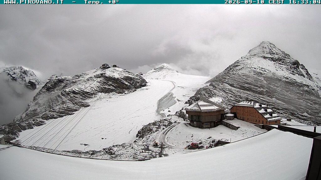 Fresh snow on the slopes at Passo Stelvio in Italy, currently the only open ski area in the Alps