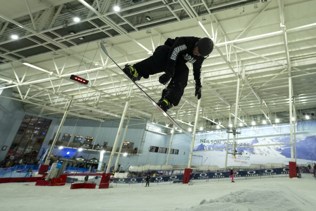 Skiers and snowboarders on real snow at the Northern Snow Show, The Snow Centre Manchester