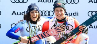 Federica Brignone celebrating on the podium