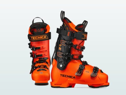 Tecnica Mach1 MV ski boots, front and side views