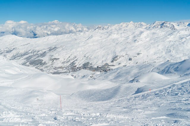 Snowy view of Les Menuires and the 3 Vallées from the Pointe de la Masse