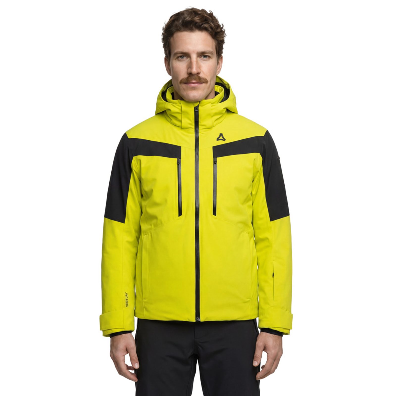 Man wearing the Schöffel Safuna ski jacket in lime and black