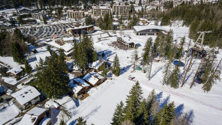 Aerial view of SkiWeekends chalets in Argentière next to the Grands Montets lift base