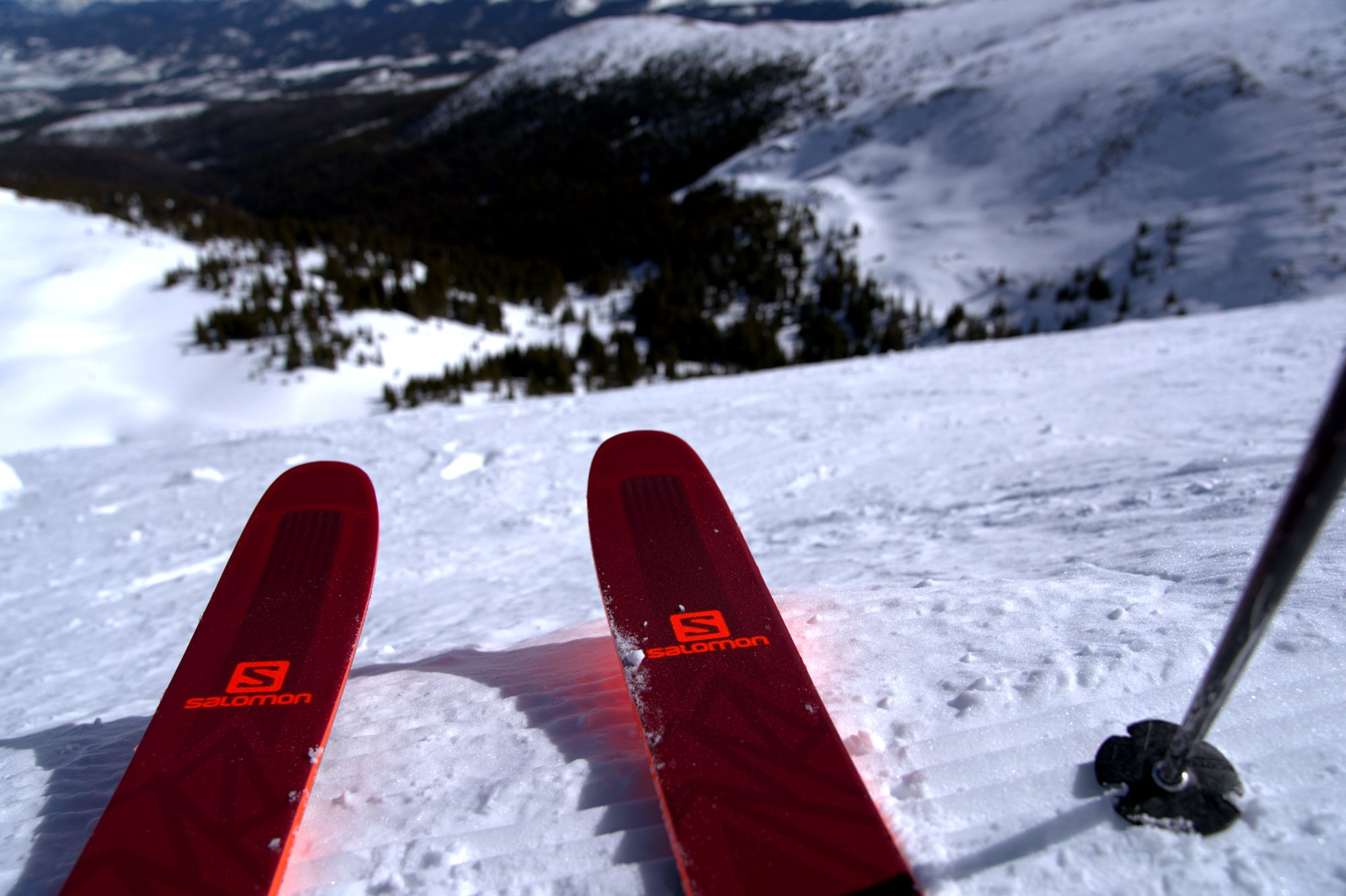 Looking down over ski tips into The Cirque at Winter Park